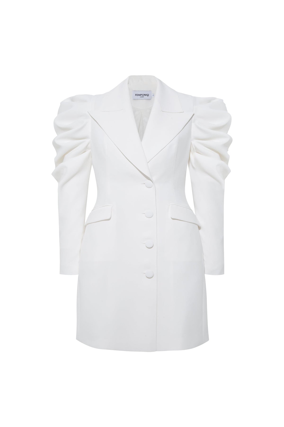 Femponiq Tailored Draped Sleeved White Blazer Dress