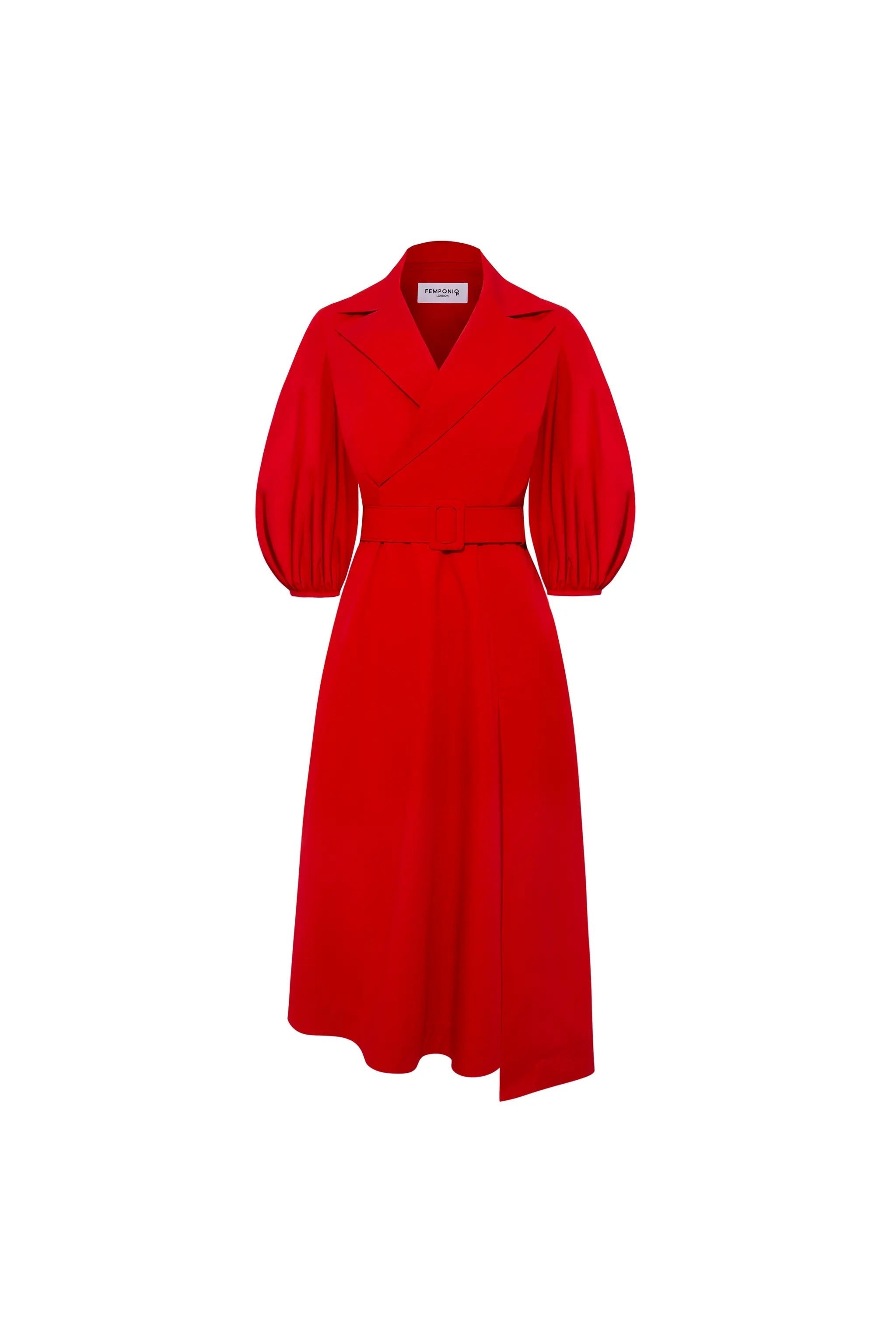 Femponiq Wide Lapel Asymmetric Red Belted Dress