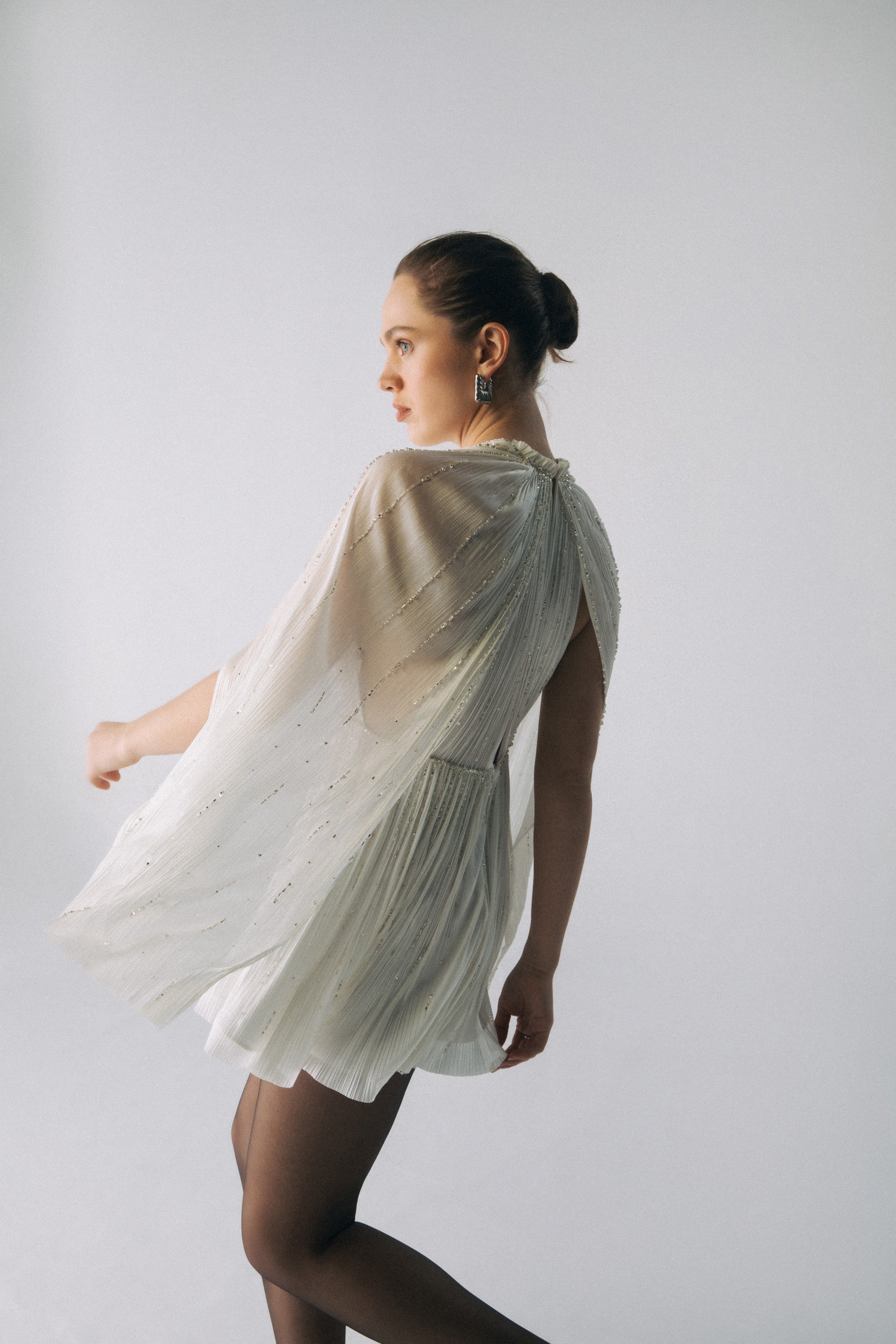 Esra Adıgüzel ZURIA – Halter Neck Cape Detailed Crystal Stone Embroidered Silk Dress
