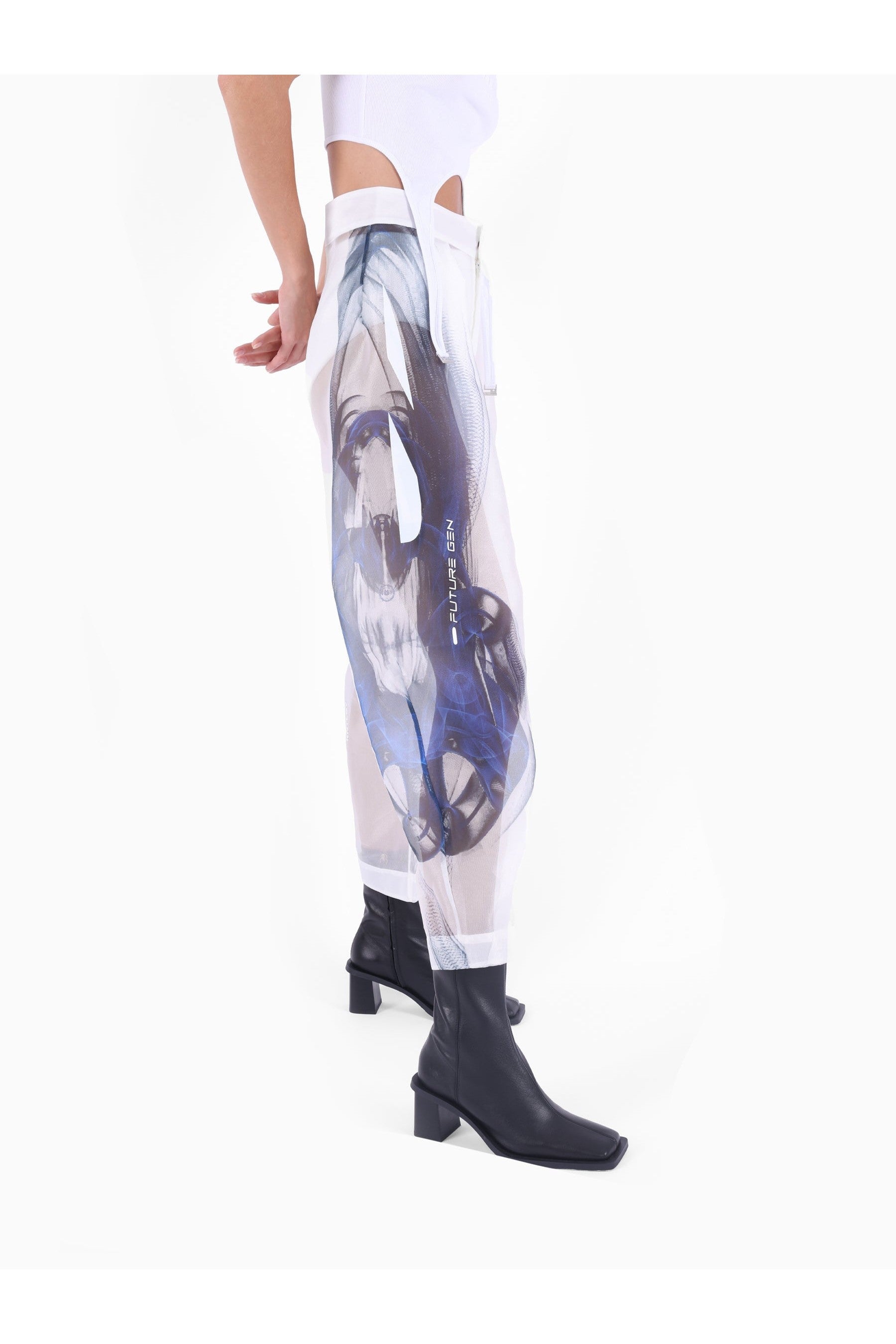 Knitology-TR KNTLGY Super Woman Limited Edition White Organza Trousers With AI Print