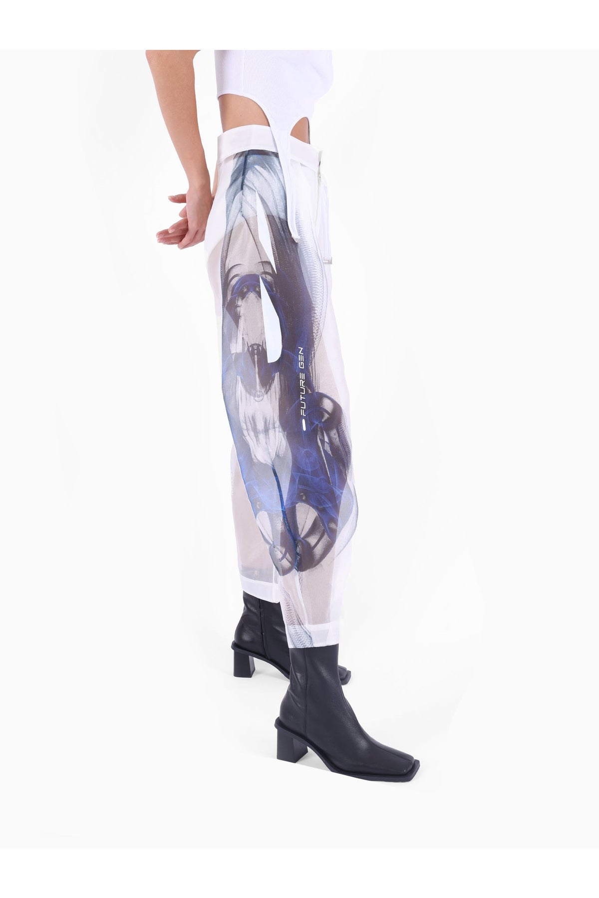 Knitology-TR KNTLGY Super Woman Limited Edition White Organza Trousers With AI Print
