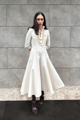 Crescent Line Rosette Midi Boy Elbise Krem