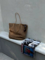 Loventa Harmony Zipper Straw Bag Camel