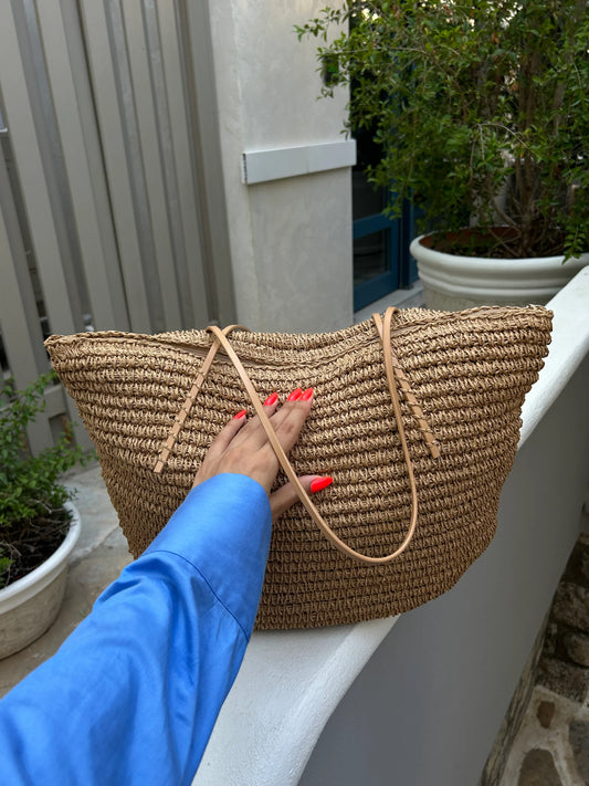 Loventa Harmony Zipper Straw Bag Camel