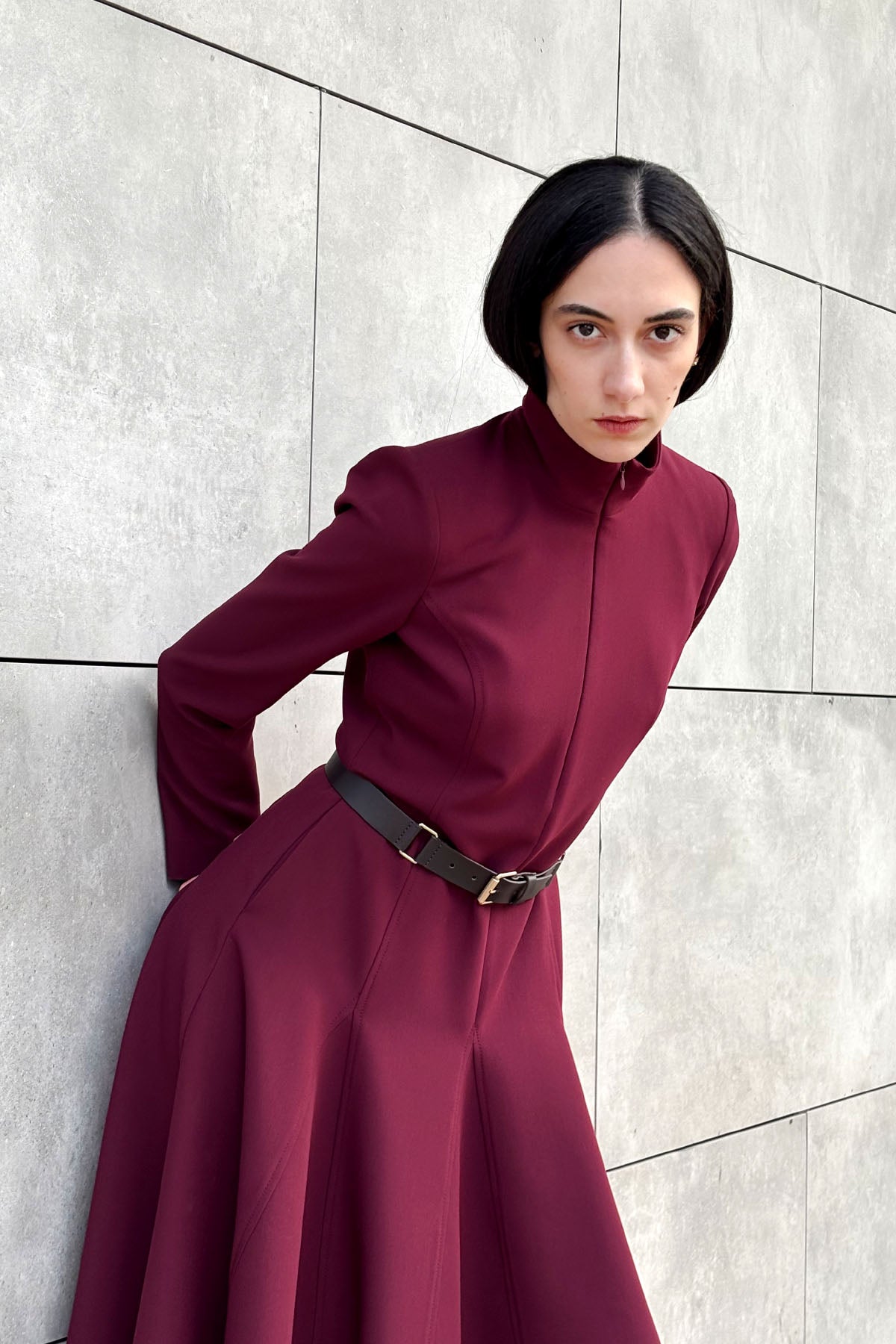 Crescent Line Rosette Midi Boy Elbise Bordo