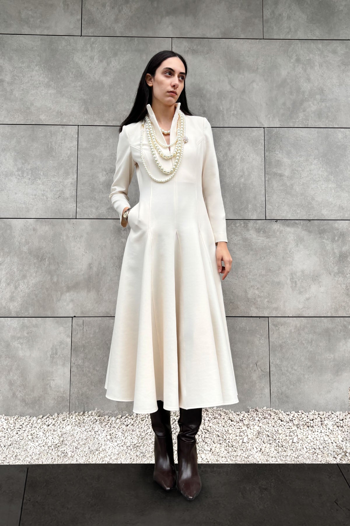 Crescent Line Rosette Midi Boy Elbise Bordo