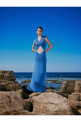 Studio Norn Elin Ruched Maxi Dress in Blue