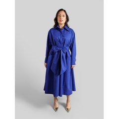 Cotton Belted Maxi Gathered Shirt Dress Vivid Blue 