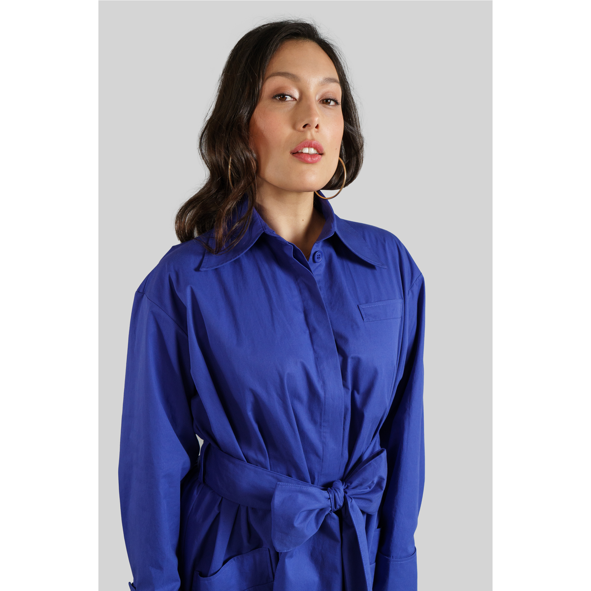 Cotton Belted Gathered Maxi Shirt Dress 3 Vivid Blue