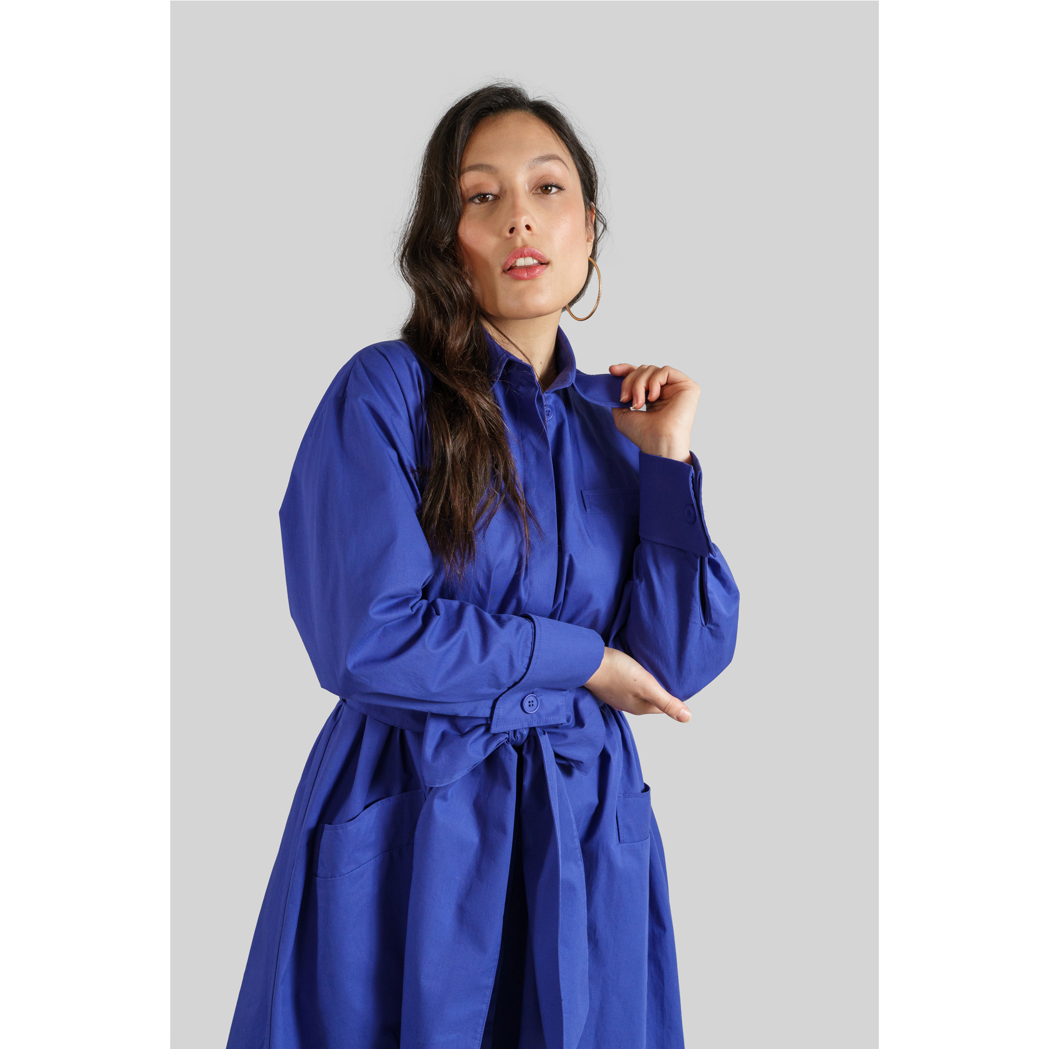 Cotton Belted Gathered Maxi Shirt Dress 4 Vivid Blue