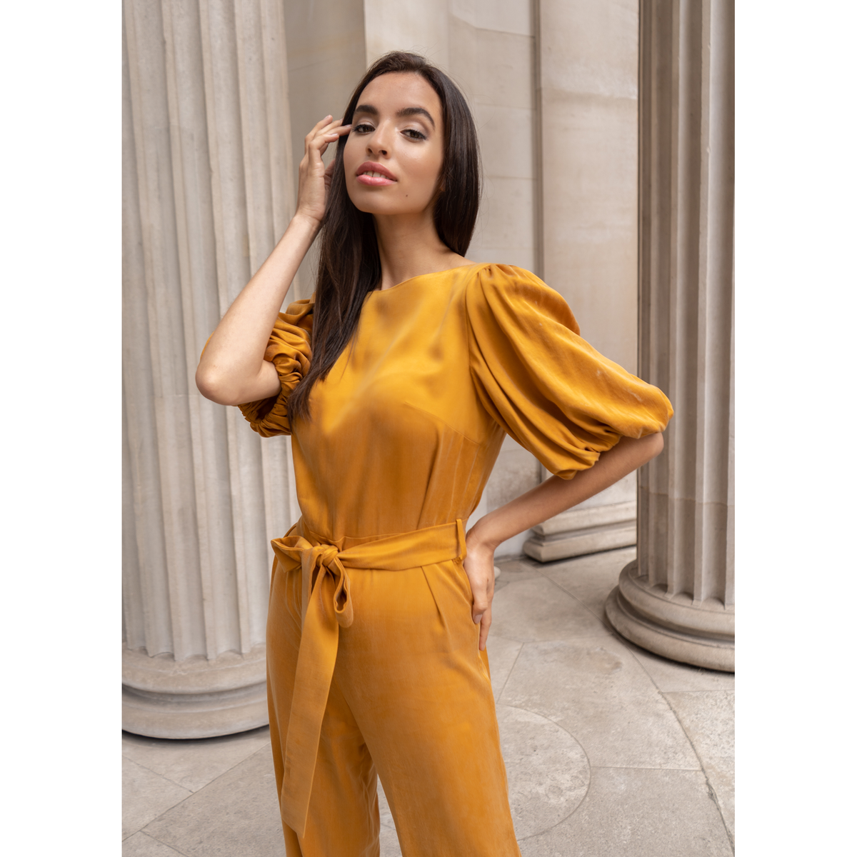 Femponiq Vegan Puff Sleeve Belted Jumpsuit (Burnt Orange)