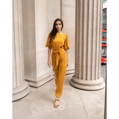 Femponiq Vegan Puff Sleeve Belted Jumpsuit (Burnt Orange)