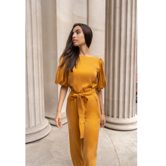 Femponiq Vegan Puff Sleeve Belted Jumpsuit (Burnt Orange)